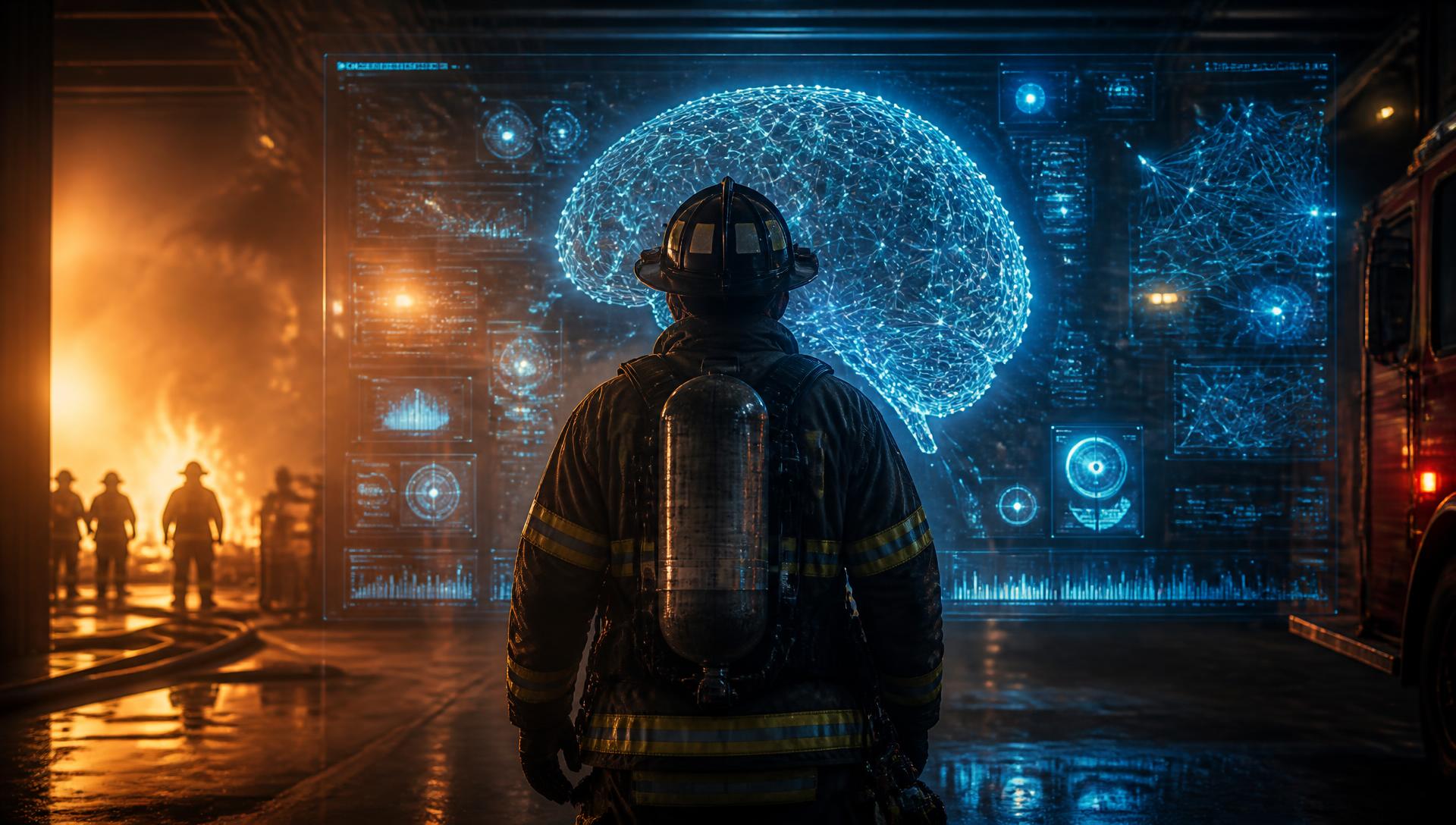 Firefighter facing a holographic AI brain interface in a fire station bay